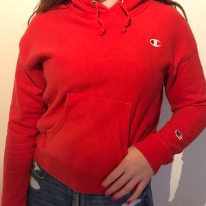 cropped red champion embroidered hoodie